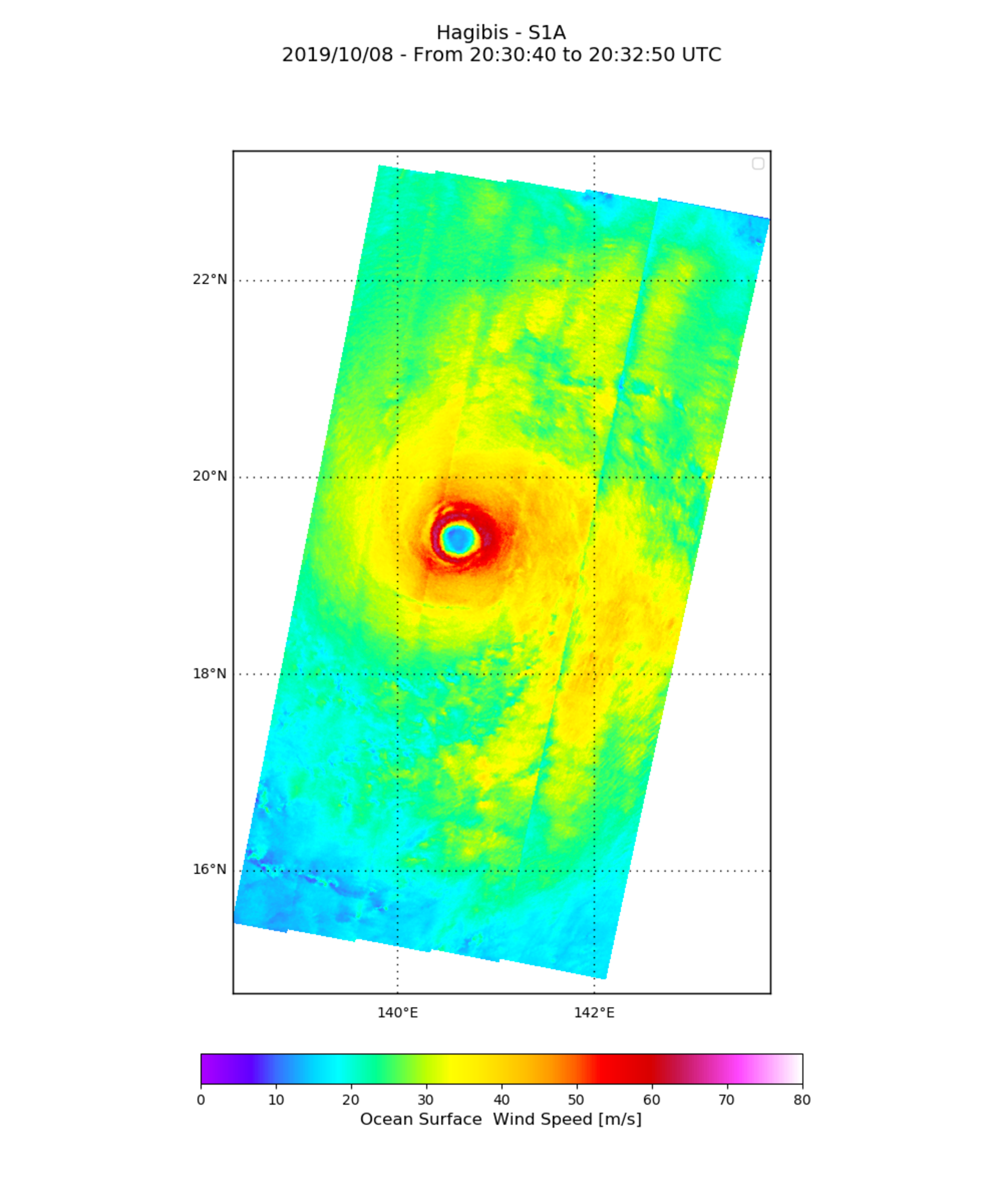 Ocean surface wind speed of Typhoon Hagibis derived from Copernicus Sentinel-1