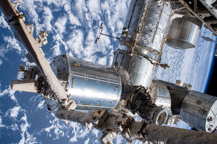 International Space Station laboratories seen during spacewalk