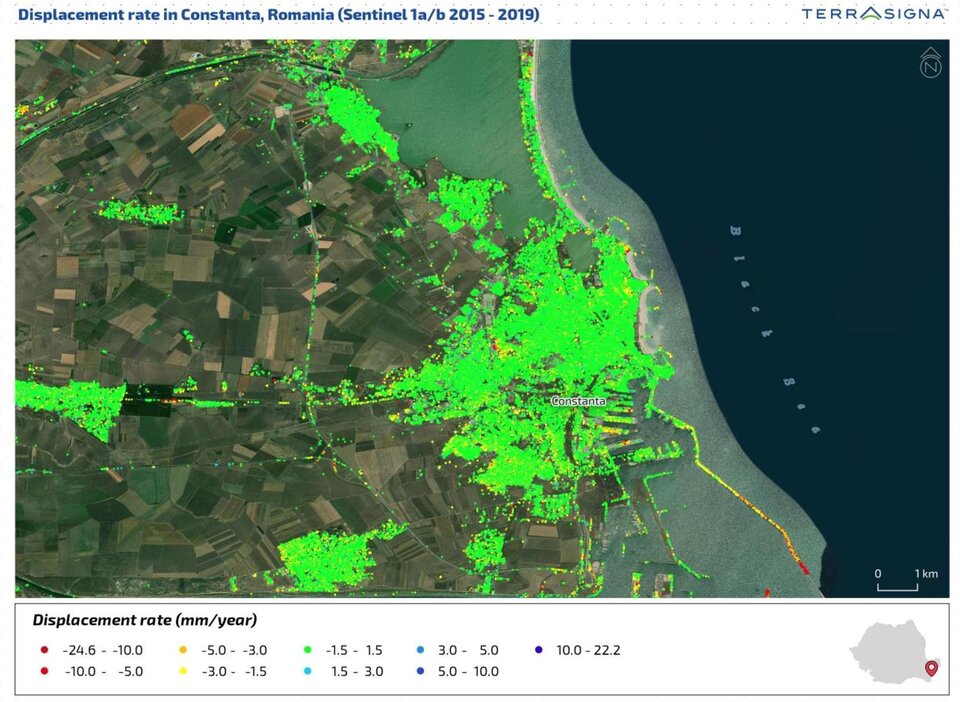 Displacement rate in Constanta, Romania (Sentinel 1 a/b 2015-2019)