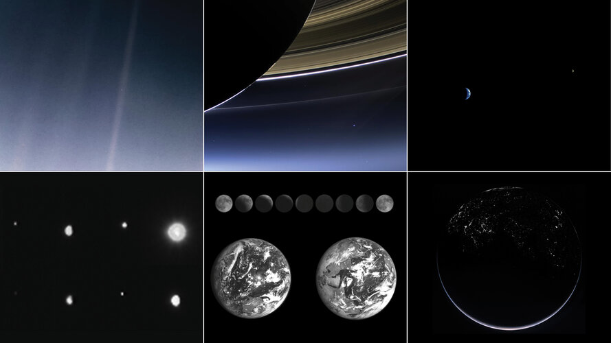 A mosaic of spacecraft images of Earth from locations across the Solar System.
