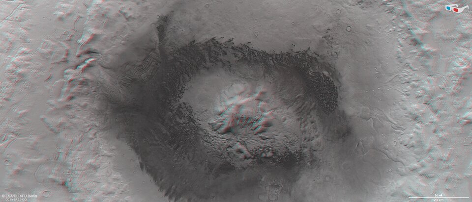 Use red-green or red-blue glasses to view Moreux Crater in 3D