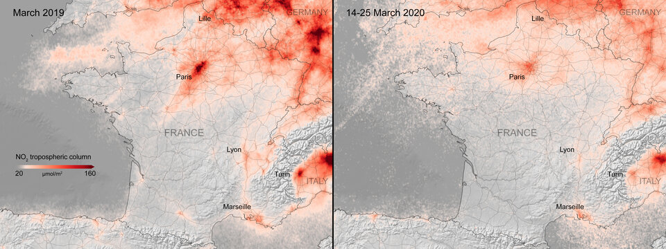 Les concentrations de dioxyde d'azote au-dessus de la France