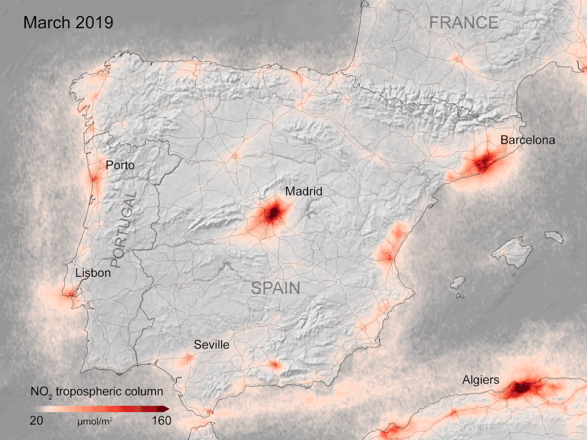 Les concentrations de dioxyde d'azote au-dessus de l'Espagne