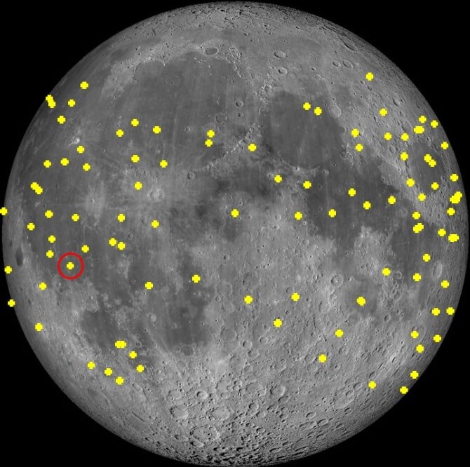 Locations of the 102 validated flashes observed by the NELIOTA project (in yellow) up to 27 March   2020. The flash in the red circle was also detected by the team of the Sharjah Academy for Astronomy, Space sciences & Technology, UAE. The lunar north pole is at the top.
