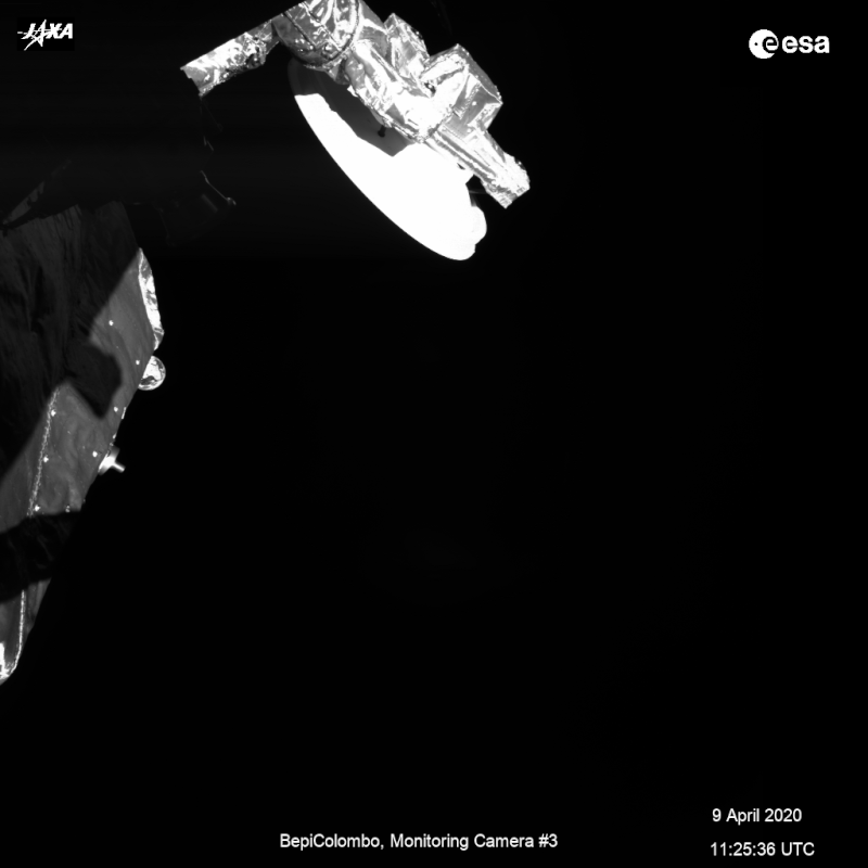A sequence of images taken by the selfie cameras on BepiColombo as it neared Earth ahead of its flyby on 9 April 2020, less than a day before the closest approach. As BepiColombo approached the planet at a speed of more than 100 000 km/h, the distance to Earth diminished from 281 940 km to 128 000 km during the time the sequence was captured.