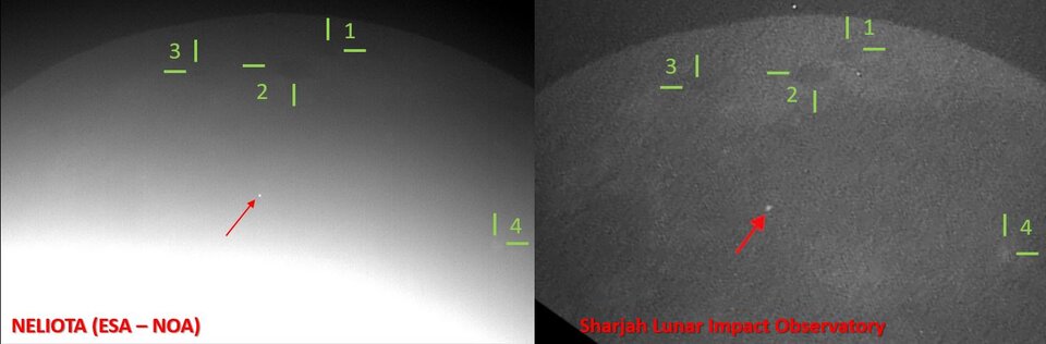 Left: Lunar image showing the 100th flash (red arrow) detected by the NELIOTA project on 1 March 2020 at 16:54:24.09 UT. Right: Lunar image from the Sharjah Lunar Impact Observatory showing the same flash (red arrow). The numbered areas in both images indicate lunar features used for the comparison. The lunar north pole is on the right.