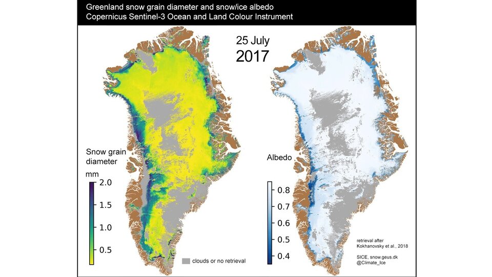 A tool created via the Polar Thematic Exploitation Platform by the Geological Survey of Denmark and Greenland to explore snow grain size and albedo (reflectance).