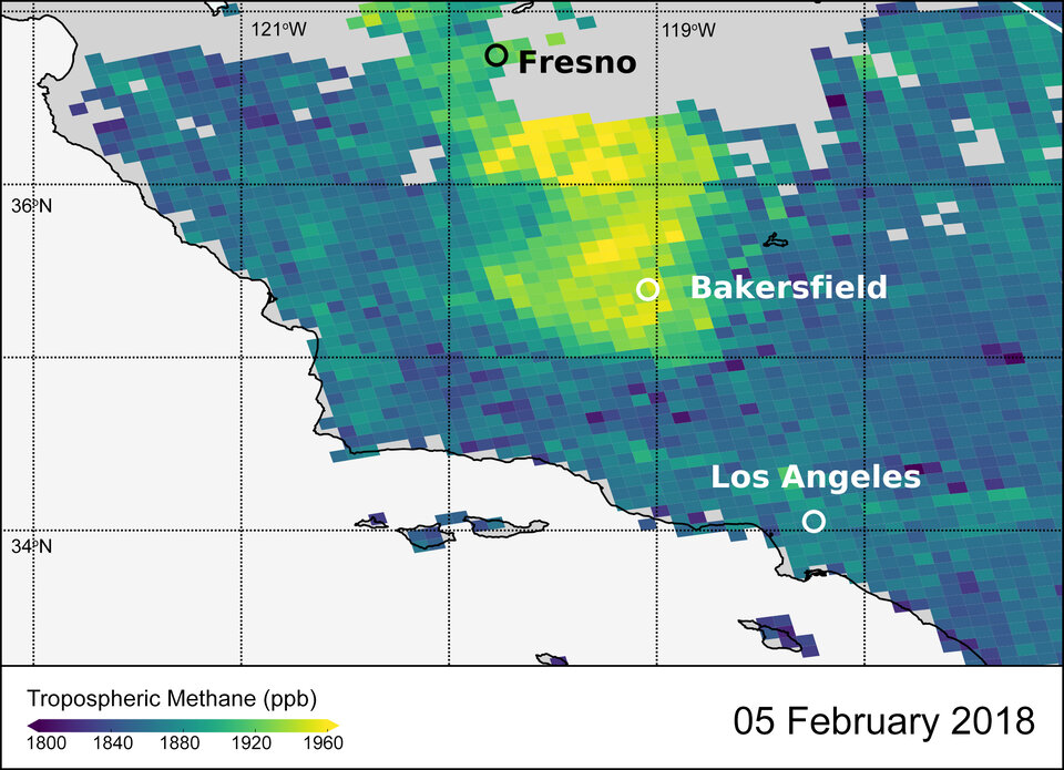 Methane levels near Bakersfield, California