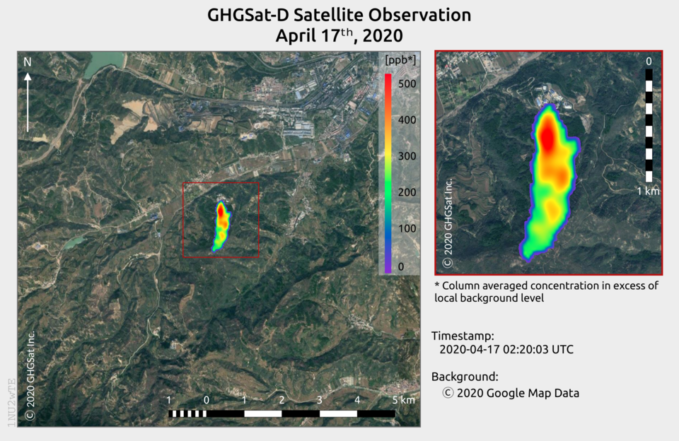 Concentraciones de metano detectadas por GHGSat sobre una mina de carbón en la provincia de Shanxi (China)