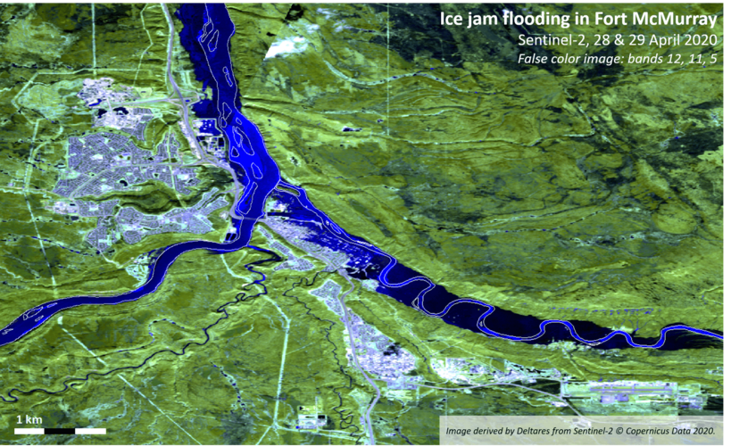 This false-colour image captured by Copernicus Sentinel-2 shows the extent of an ice jam on the Athabasca River in Canada - leading to the flooding of Fort McMurray.