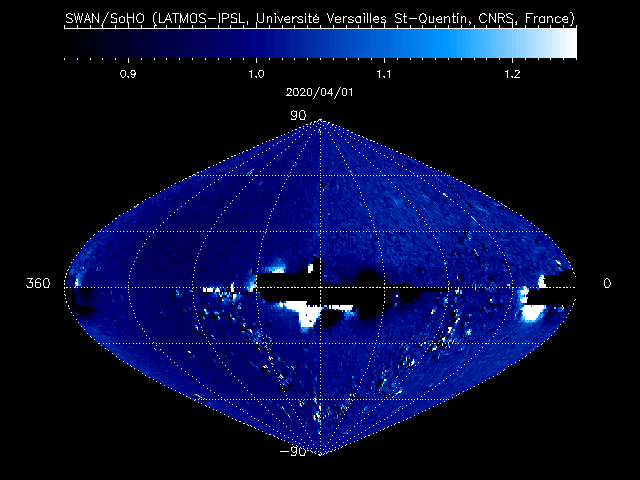 De verplaatsing van komeet C/2020 F8 (SWAN) op opeenvolgende kaarten zoals geobserveerd met behulp van het SWAN-instrument aan boord van SOHO gedurende de periode 1 april tot 9 mei 2020.