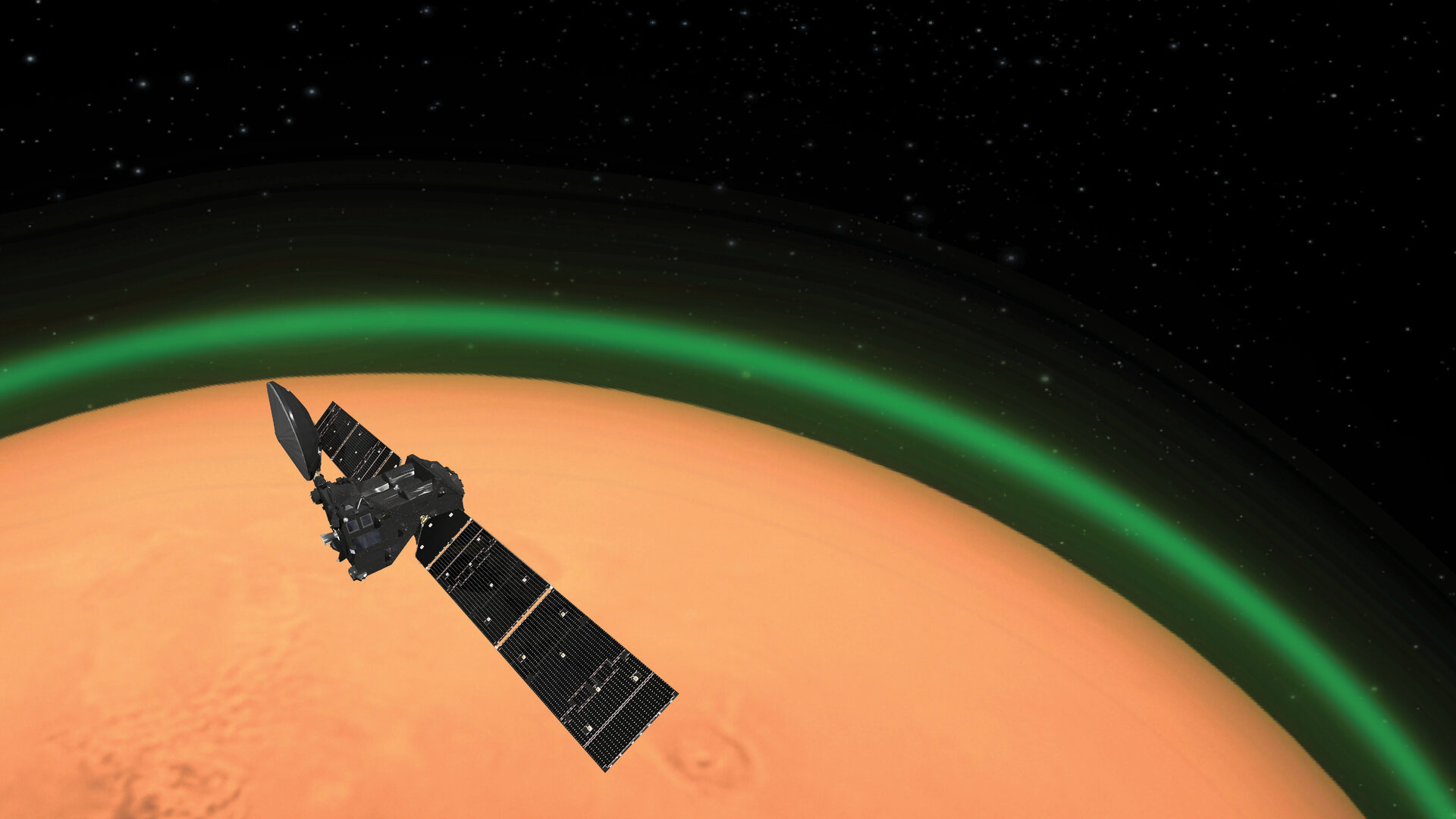 Artist's impression of the ExoMars Trace Gas orbiter spotting daylight green oxygen at Mars