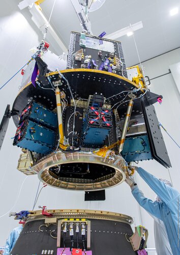 Vega's Small Spacecraft Mission Service (SSMS) dispenser with all satellites is mounted on the payload adapter at Europe's Spaceport.