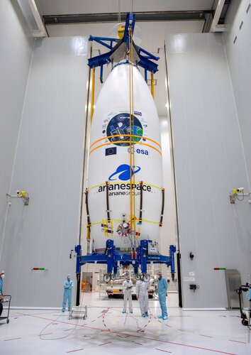 Vega's Small Spacecraft Mission Service (SSMS) dispenser holding 53 satellites is stowed inside Vega's fairing at Europe's Spaceport.