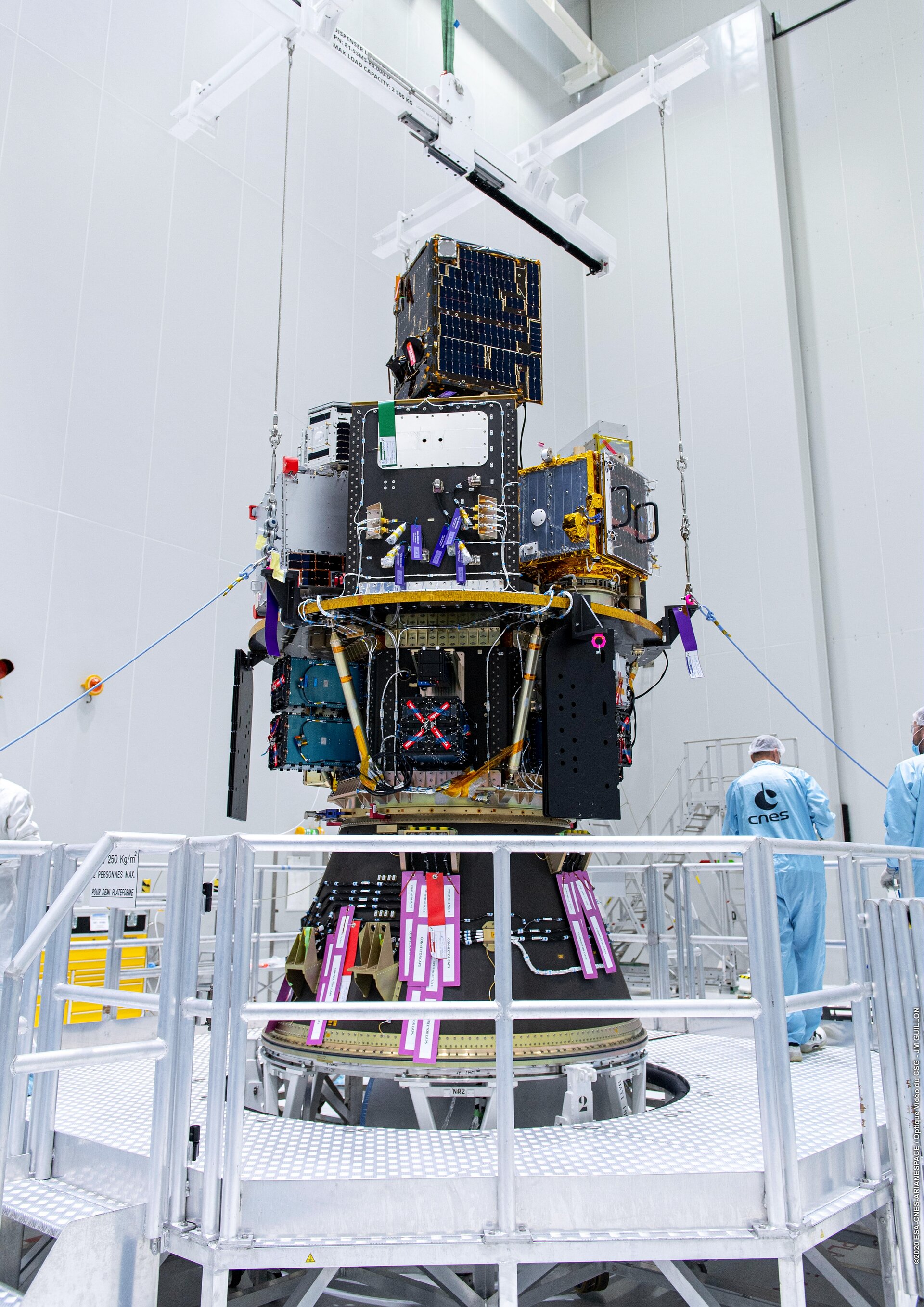 Vega's Small Spacecraft Mission Service (SSMS) dispenser with all satellites is mounted on the rocket's payload adapter at Europe's Spaceport.
