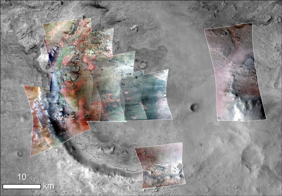 Les minéraux du cratère Jezero. Crédit image :  NASA/JPL-Caltech/MSSS/JHU-APL/Purdue/USGS