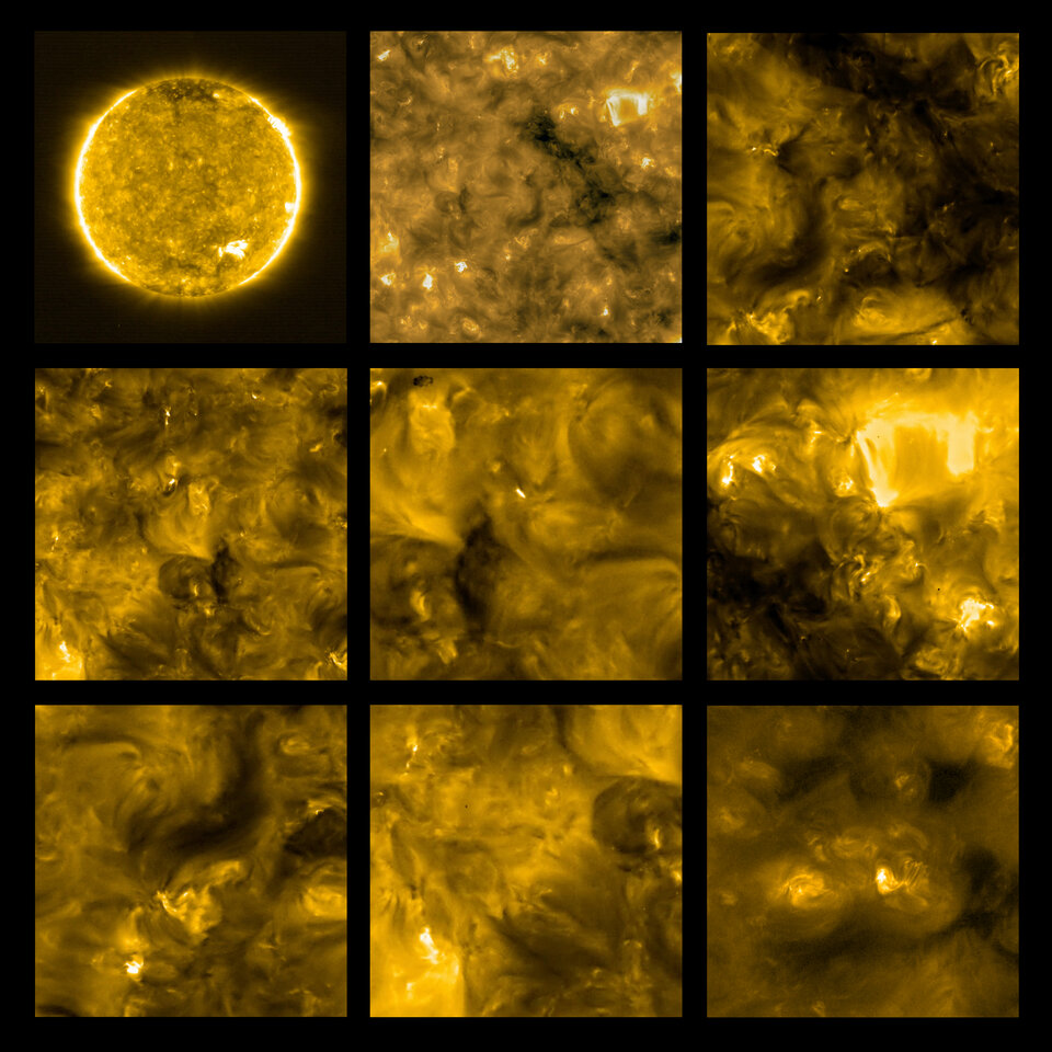 De eerste beelden van de Zon genomen door het EUI-instrument van Solar Orbiter. Ze tonen alomtegenwoordige mini-zonnevlammen, de zogenaamde 'kampvuren'