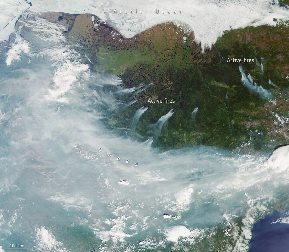 Cette photo prise le 23 juin par la mission Copernicus Sentinel-3 montre les incendies dans la Tchoukotka, région située à l’extrême nord-est de la Russie