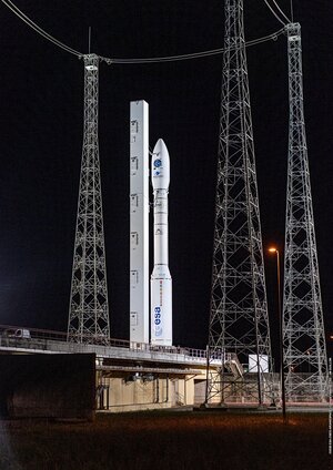 Vega poised for launch with mobile gantry retracted in preparation for liftoff on 2 September 2020 with 53 satellites.
