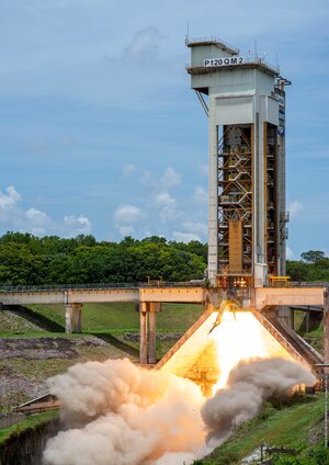 The qualification model of the P120C motor for Ariane 6 completed its hot firing on 7 October 2020 at Europe's Spaceport