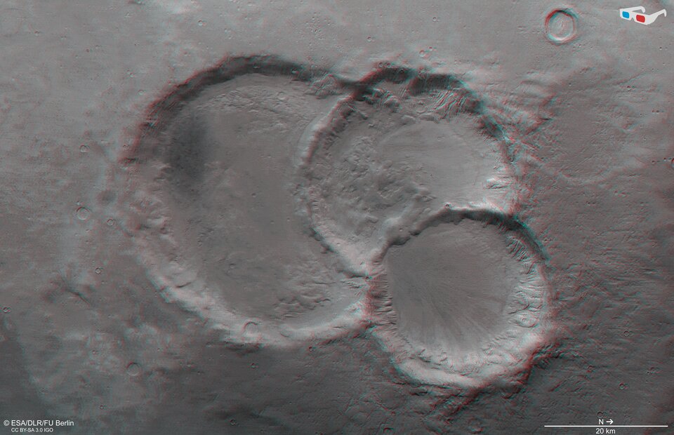 Triple crater east of Le Verrier in 3D