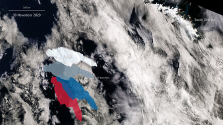 All eyes remain on the giant A-68A iceberg on its journey across the Southern Ocean. This image shows A-68A’s movements over the past 15 days using data from the Copernicus Sentinel-1 and Sentinel-3 missions.