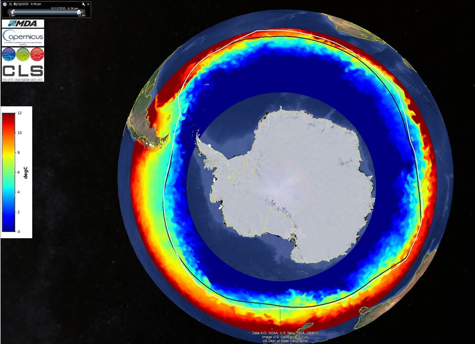 Zone d'Exclusion Antarctique (ZEA) du Vendée Globe - la ligne blanche définit la ZEA de 2016, la noire celle de 2020.
