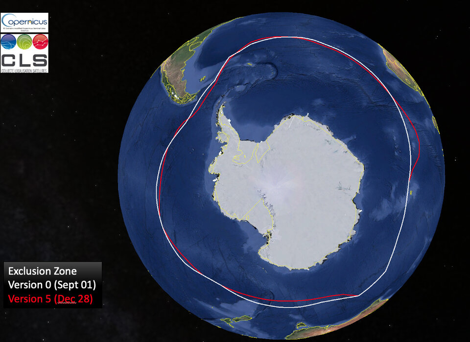 Évolution de la zone d'exclusion antarctique pendant l'édition 2020-2021 du Vendée Globe. En blanc la version 0 du 1er septembre, et en rouge la version 5 du 28 décembre.