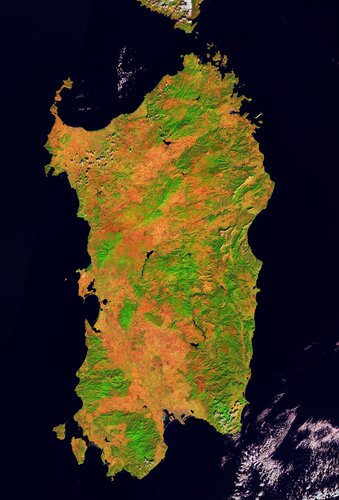 Sardinia, the second-largest island in the Mediterranean Sea, is featured in this false-colour image captured by the Copernicus Sentinel-2 mission.