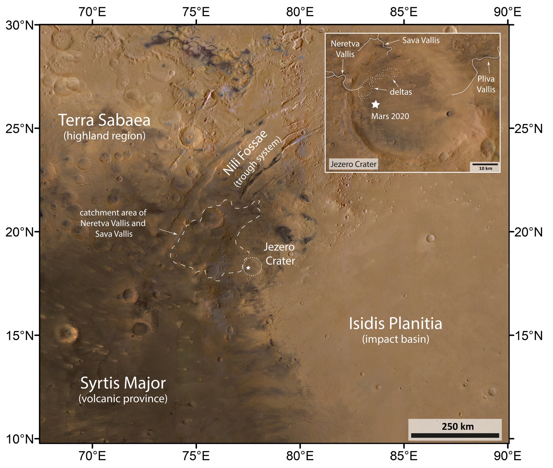 Jezero crater and surrounds (annotated) 