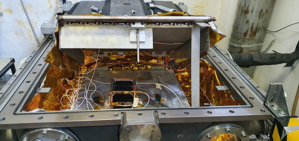 LEDSAT inside the thermal vacuum chamber with thermal sensors attached