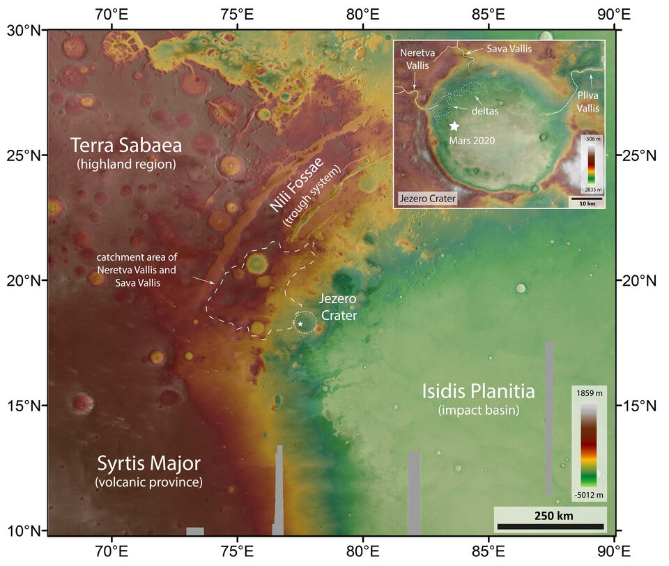 Topographic map of Jezero crater and surrounds (annotated)