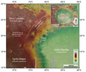 Topographic map of Jezero crater and surrounds (annotated)