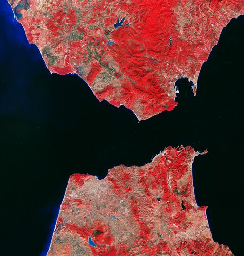 The Strait of Gibraltar is featured in this false-colour image captured by the Copernicus Sentinel-2 mission. 