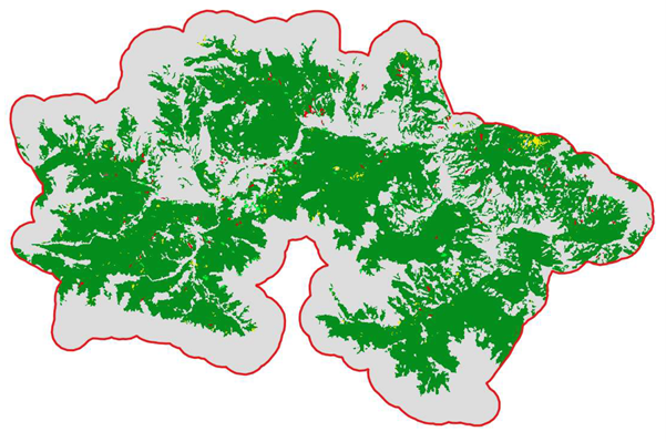 Example of a deforestation and forest degradation map provided through the EO Clinic project for UNDP Armenia. The different colours represent non forest (grey), stable forest (green), deforestation (red) and forest degradation (yellow) for 2005–2010. The presented area is approximately 38 kilometres across.