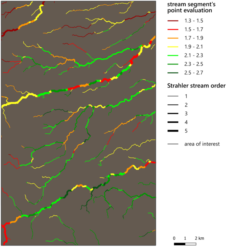 A map of an area in Ethiopia, partly based on satellite data and produced in the EO Clinic project for GIZ showing the suitability of different river segments for rehabilitation intervention, ranging from low (dark red) to high (dark green). The thickness of the lines are proportional to the river/stream size based on their hierarchy of tributaries.