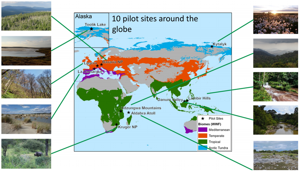The ten pilot sites on which the GlobDiversity team tested their Essential Biodiversity Variables.