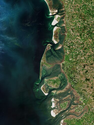 Part of the Frisian Islands, a low-lying archipelago just off the coast of northern Europe, is visible in this image captured by Copernicus Sentinel-2.