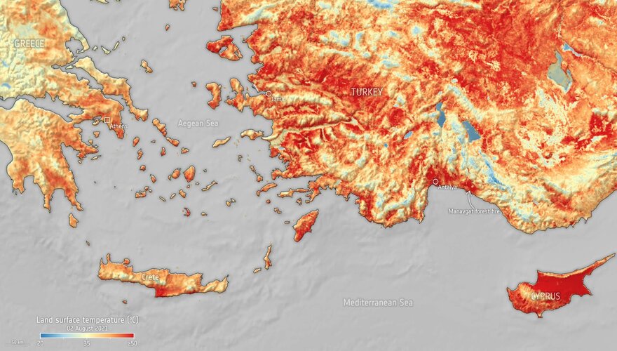 Diese Karte wurde mithilfe des Copernicus Sentinel-3-Satelliten erstellt und zeigt die tatsächliche, wieder sehr hohe Temperatur der Landoberfläche im Mittelmeerraum