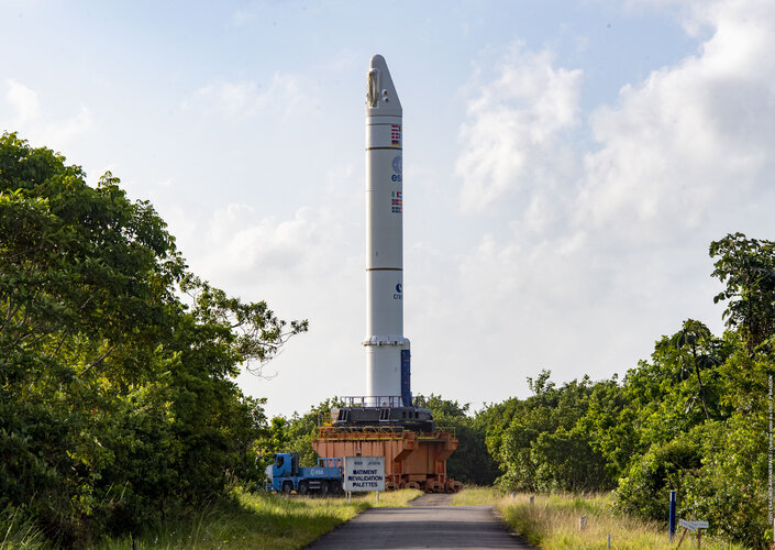 An Ariane 5 booster on its way to the launch vehicle integration building at Europe’s Spaceport in French Guiana