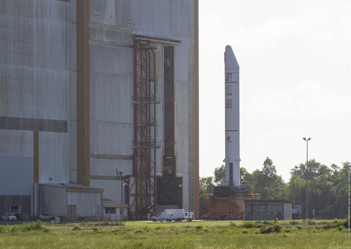 An Ariane 5 booster outside the launch vehicle integration building at Europe’s Spaceport in French Guiana