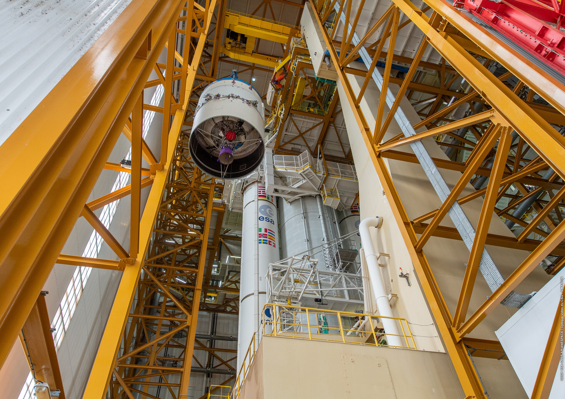 Webb’s Ariane 5 upper stage was raised vertical in the launch vehicle integration building at Europe’s Spaceport in French Guiana