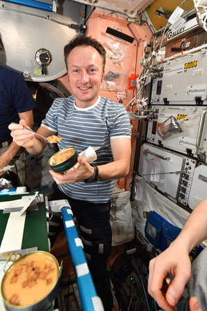 ESA astronaut Matthias Maurer enjoys potato soup from his home region on the International Space Station