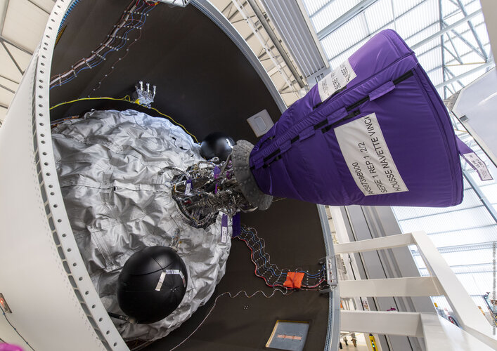 Ariane 6 upper stage inside the assembly building at Europe's Spaceport