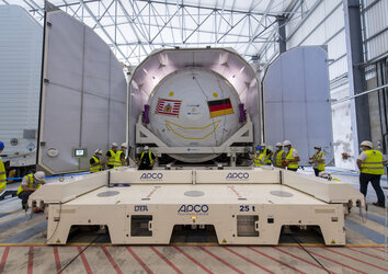 Ariane 6 upper stage inside the assembly building at Europe's Spaceport