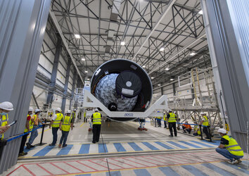 Ariane 6 upper stage inside the assembly building at Europe's Spaceport