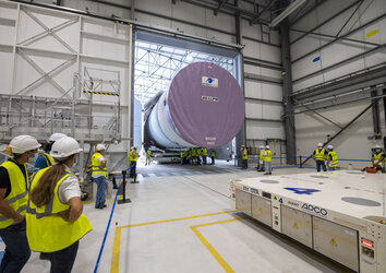 First Ariane 6 lower stage to enter the assembly building at Europe's Spaceport in French Guiana