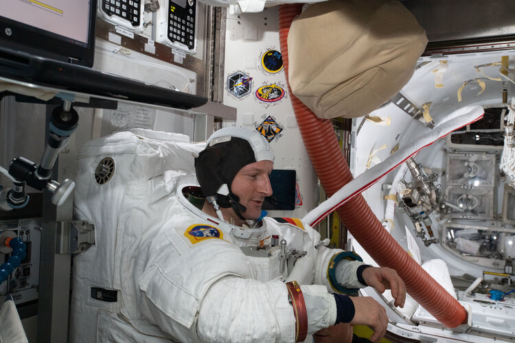 ESA astronaut Matthias Maurer during a suit fit check ahead of his first spacewalk