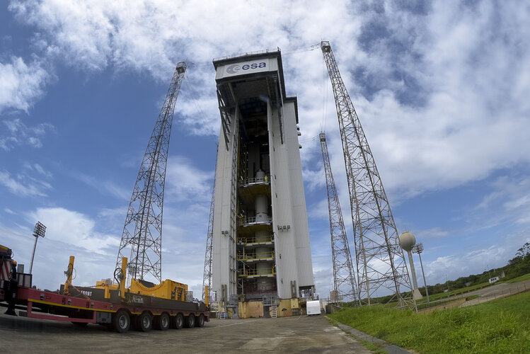 10 May 2022: The Vega-C Zefiro-9 third stage has now been transferred to and integrated at the Vega Launch Zone (Zone de Lancement Vega) ZLV at Europe's Spaceport in Kourou, French Guiana