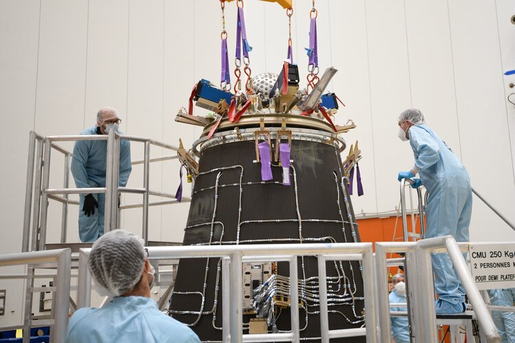 The LARES-2 satellite has now been mounted onto the launch adapter: 14 June 2022, Europe's Spaceport in French Guiana
